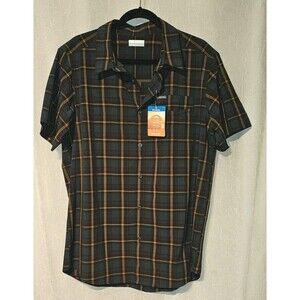 NWT Columbia Mens Large L Omni Shade Button Up Shirt Blue Tan Plaid UPF 30
